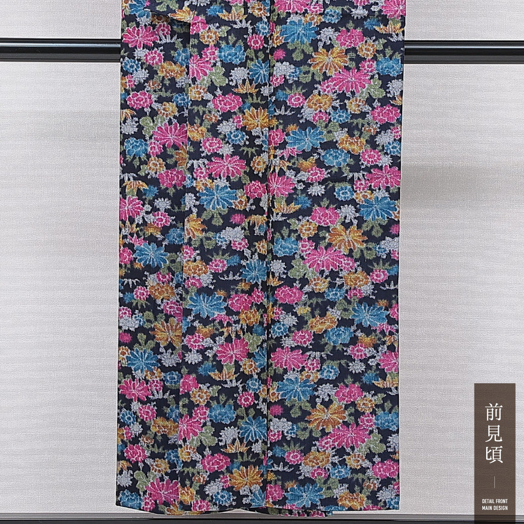 洗える着物 ウールの紬 単衣 身丈150cm 裄丈62cm ウール Sランク カジュアル バチ衿 Sサイズ 菊 多色系 RP 1223-15725