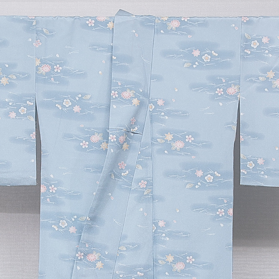 小紋 洗える着物 袷 身丈164cm 裄丈68cm ポリエステル Sランク Lサイズ 広衿 インフォーマル 梅 紅葉 水色系 1215-15796