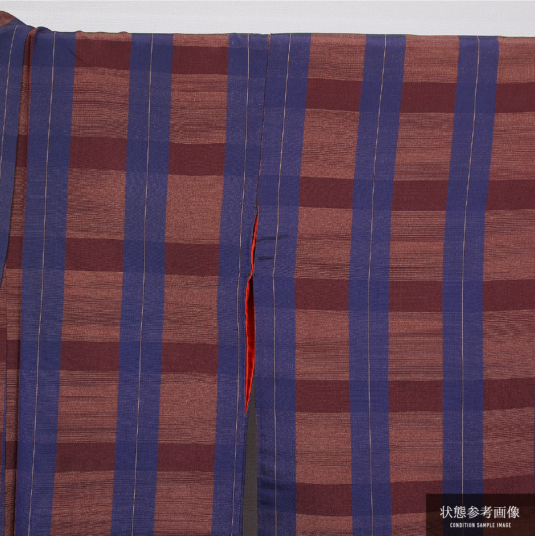 アンティーク 小紋 袷 身丈155cm 裄丈63cm 正絹 Dランク Mサイズ 広衿 格子 茶系 青系 1215-15576