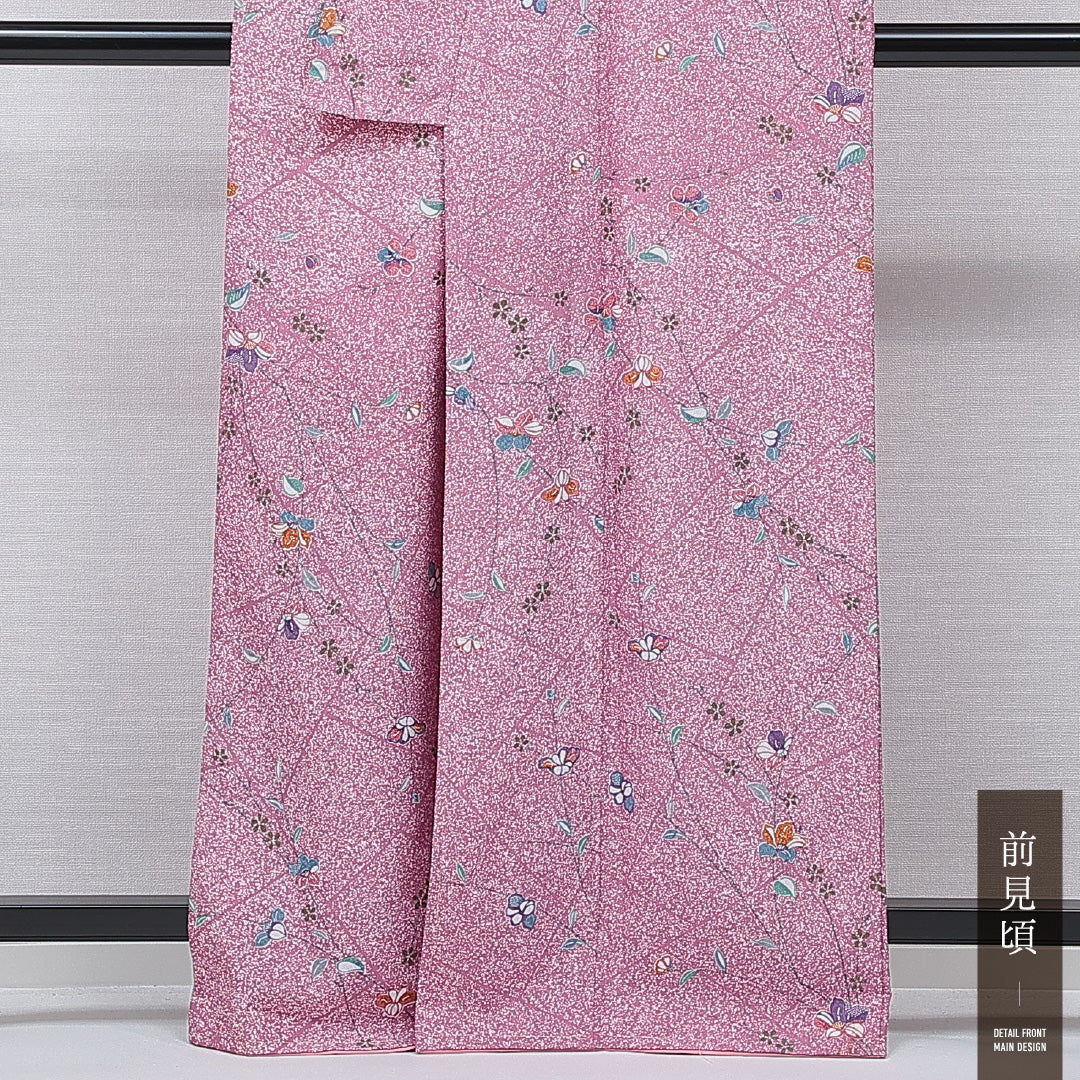 小紋 洗える着物 袷 身丈163cm 裄丈66cm ポリエステル Aランク Lサイズ 広衿 インフォーマル 桜 ピンク系 1215-15795