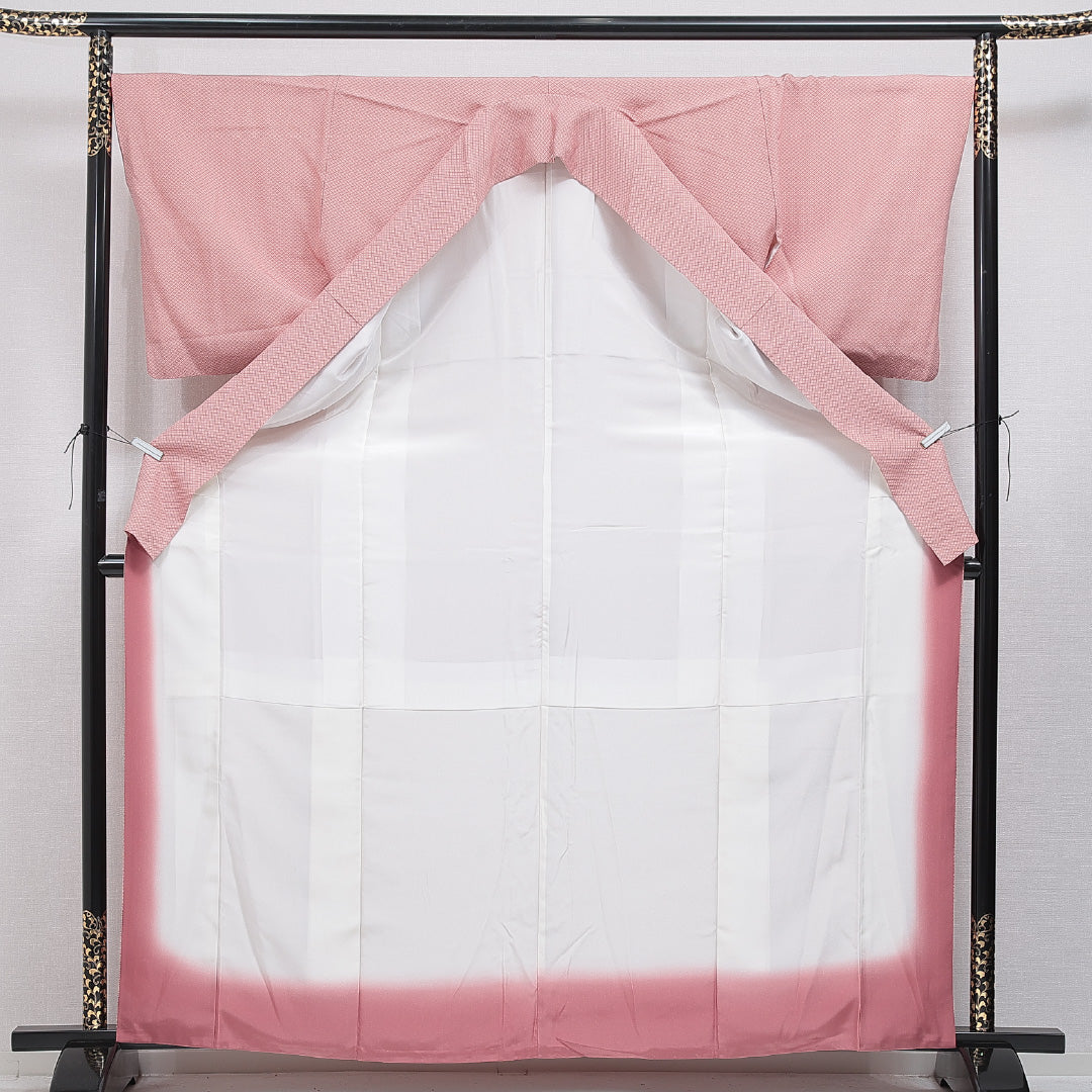 江戸小紋 袷 身丈165cm 裄丈68cm 正絹 Sランク XLサイズ 広衿 インフォーマル ガード加工 花菱 ピンク系 1262-16230