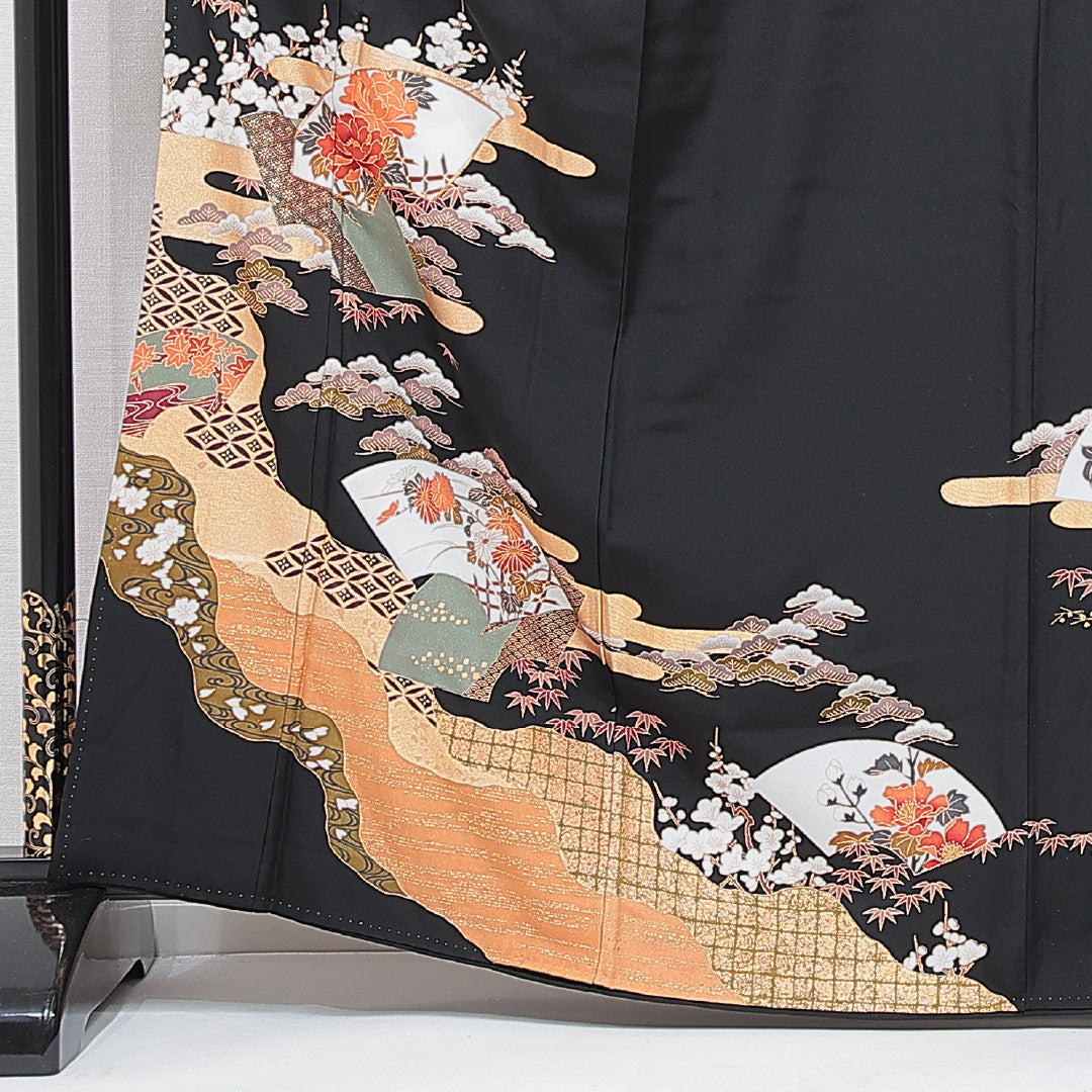 黒留袖 袷 身丈166cm 裄丈65cm 五つ紋 フォーマル Aランク XLサイズ 正絹 比翼仕立て 広衿 扇 菱 牡丹 1211-F0657