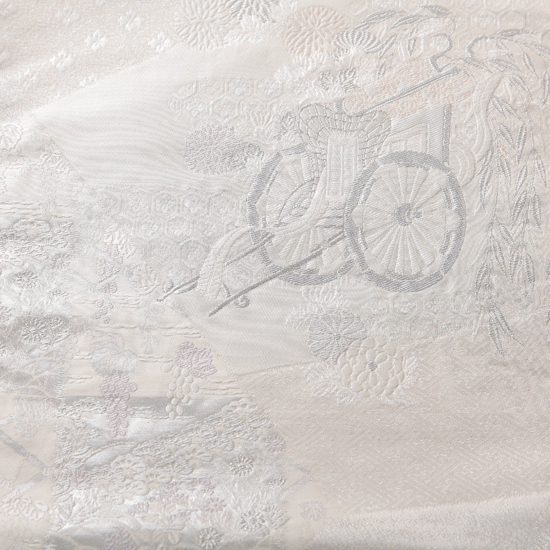 袋帯 帯丈420cm フォーマル 六通 Aランク 正絹 御所車 クリーム系 銀系 1223-02126