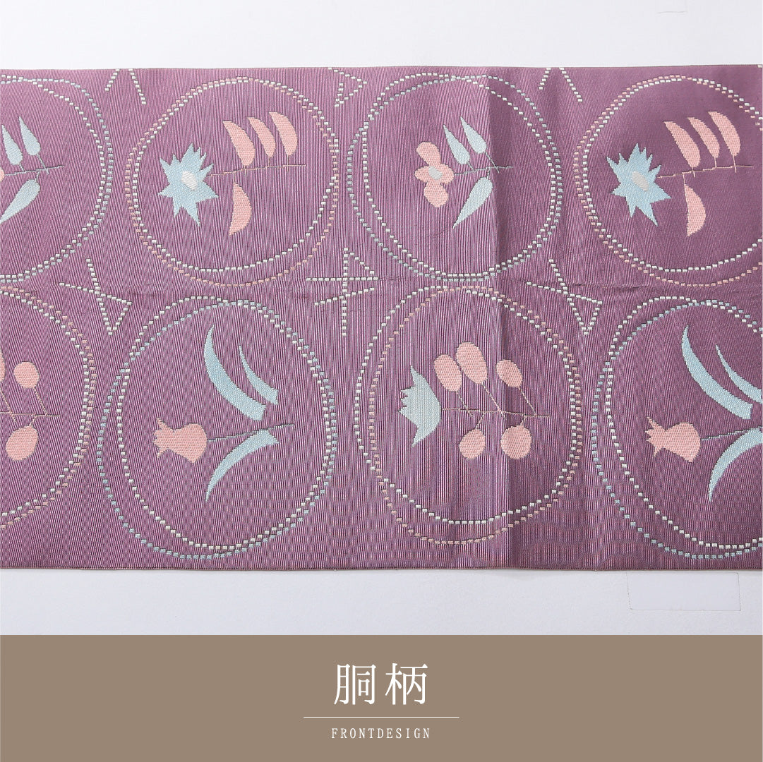 八寸名古屋帯 帯丈350cm カジュアル 松葉仕立て 六通 Cランク 正絹 チューリップ 紫系 1224-03947