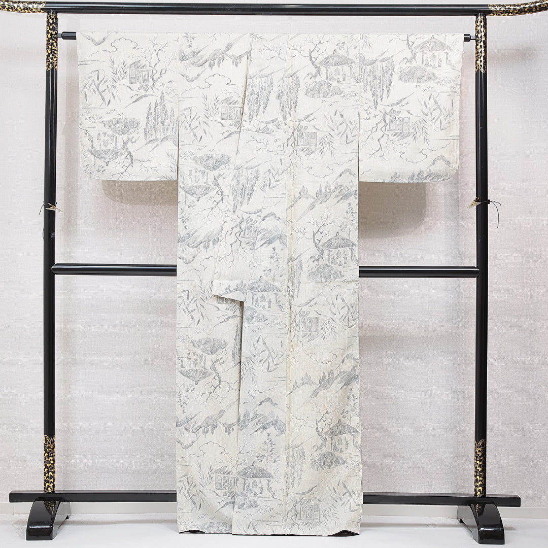 紬 袷 身丈163cm 裄丈64cm 正絹 Cランク カジュアル 広衿 Lサイズ 手描き 染め紬 人物 風景柄 クリーム系 LP 1223-15567