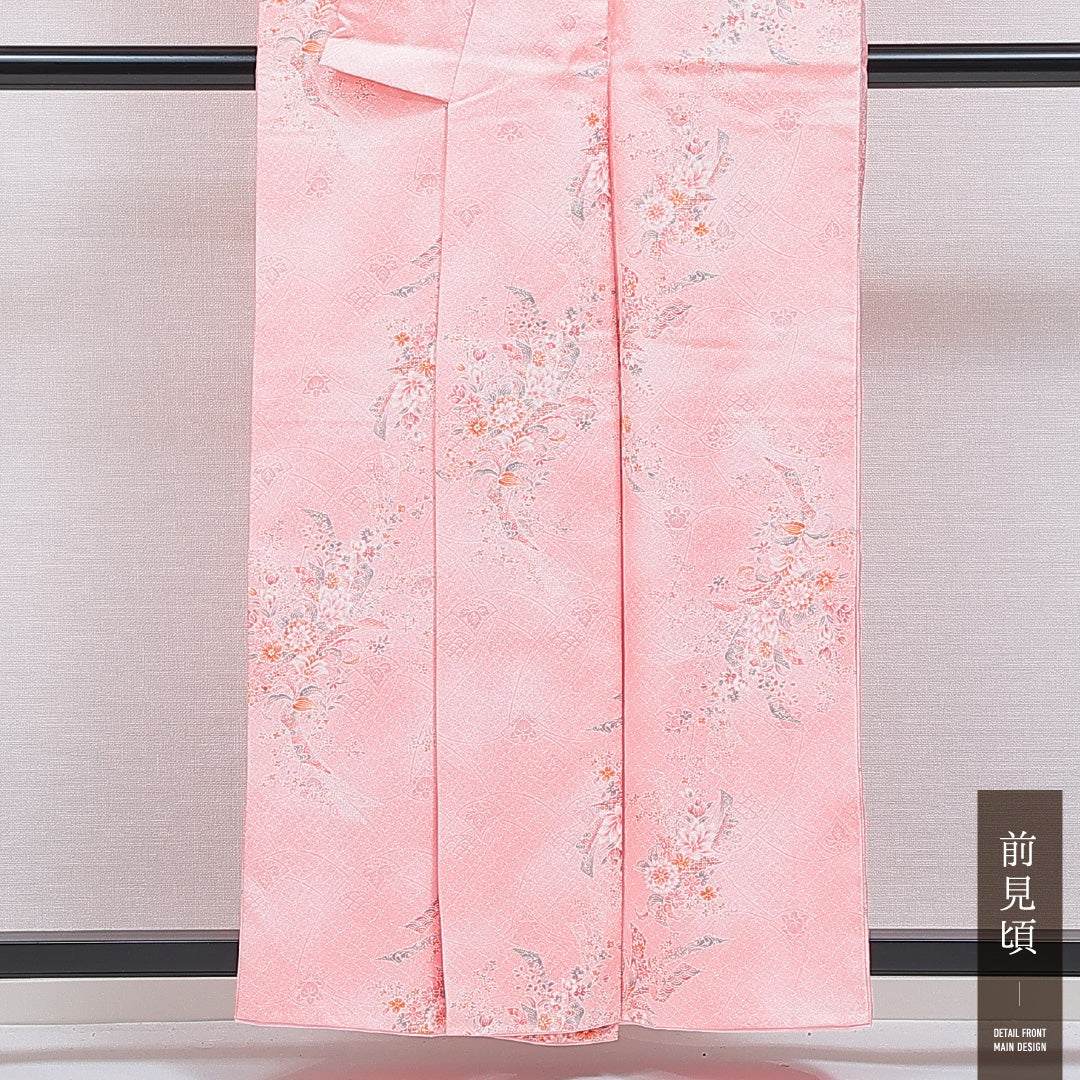 洗える着物 小紋 袷 身丈157cm 裄丈63cm ポリエステル Sランク インフォーマル 広衿 Mサイズ 熨斗 橘 ピンク系 RP 1221-16369