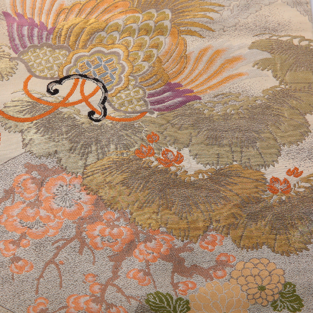 アンティーク 九寸名古屋帯 帯丈341cm セミフォーマル 名古屋仕立て 全通 Aランク 正絹 吉祥文様 桐 クリーム系 1224-03525