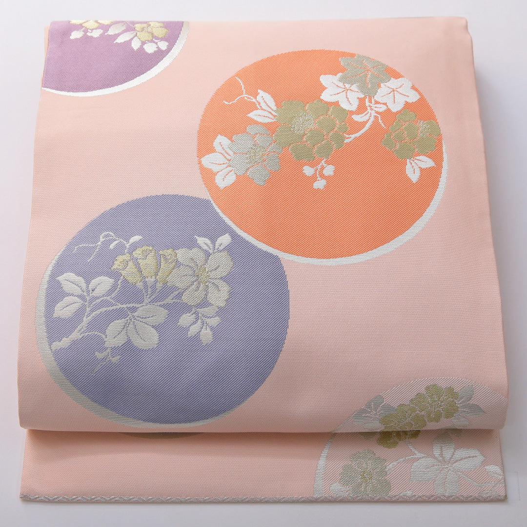 九寸名古屋帯 帯丈365cm インフォーマル 名古屋仕立て 六通 Aランク 正絹 丸文 椿 ピンク系 1224-03490