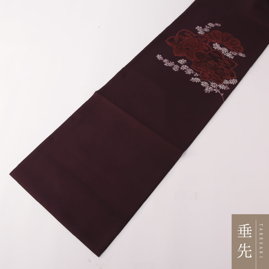 九寸名古屋帯 Dランク 帯丈359cm 正絹 ポイント柄 名古屋仕立て 染め インフォーマル 塩瀬 茶屋辻 紫系 RP 1245-03187