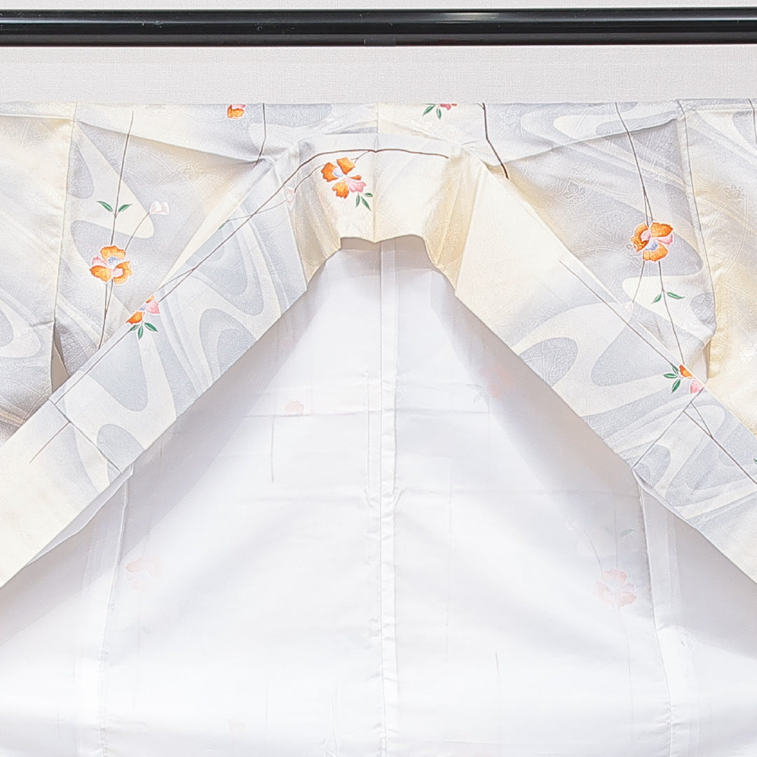 小紋 洗える着物 袷 身丈160cm 裄丈63cm ポリエステル Cランク Lサイズ 広衿 インフォーマル 青海波 花柄 クリーム系 1215-15832