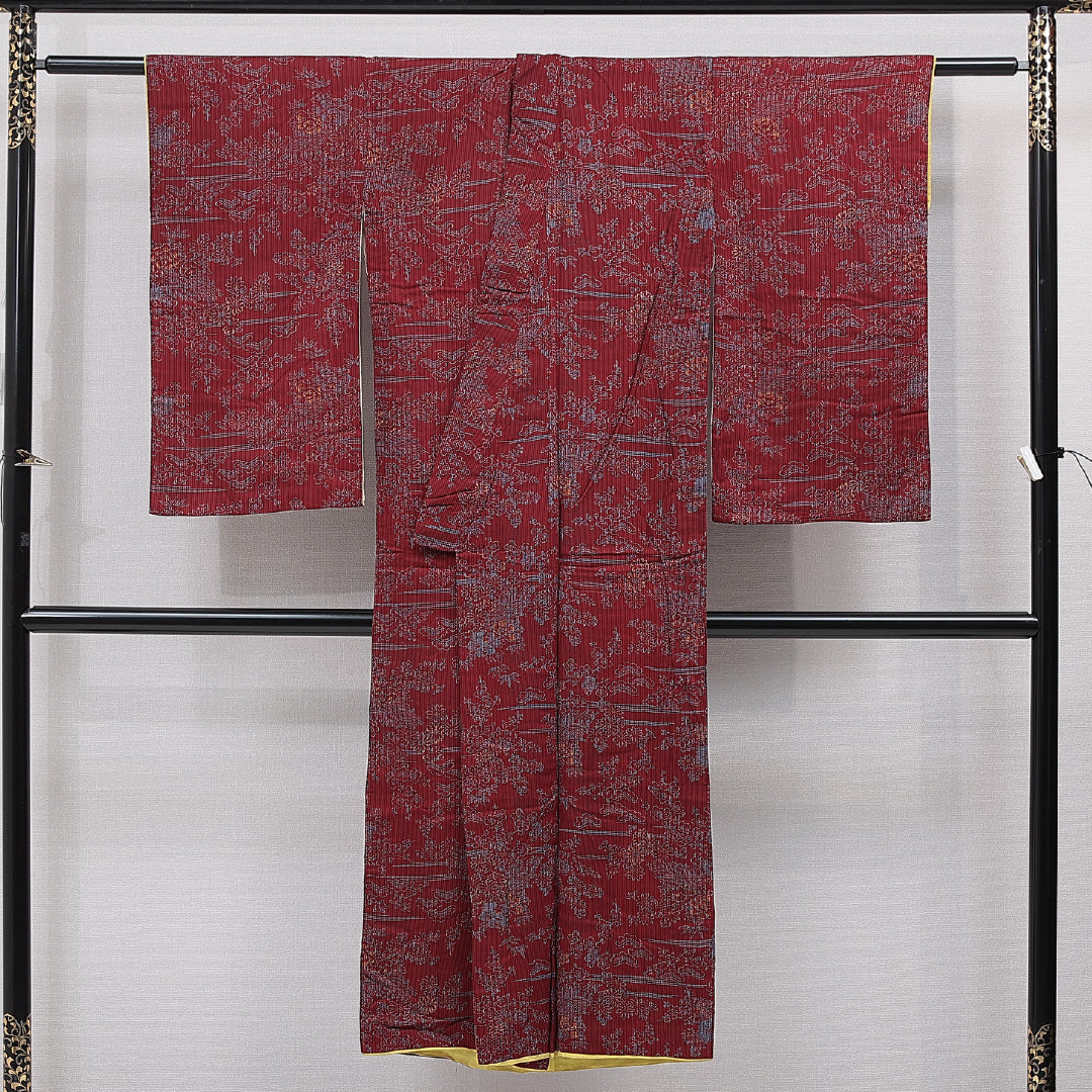 アンティーク 小紋 袷 身丈138cm 裄丈60cm 正絹 Bランク 広衿 XSサイズ 染め紬 菊 赤系 RP 1221-15512
