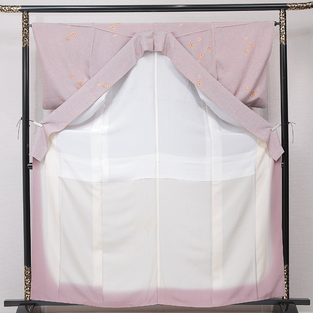 小紋 袷 身丈162cm 裄丈65cm 正絹 Bランク インフォーマル 広衿 Lサイズ 桜 グレー系 RP 1221-15198