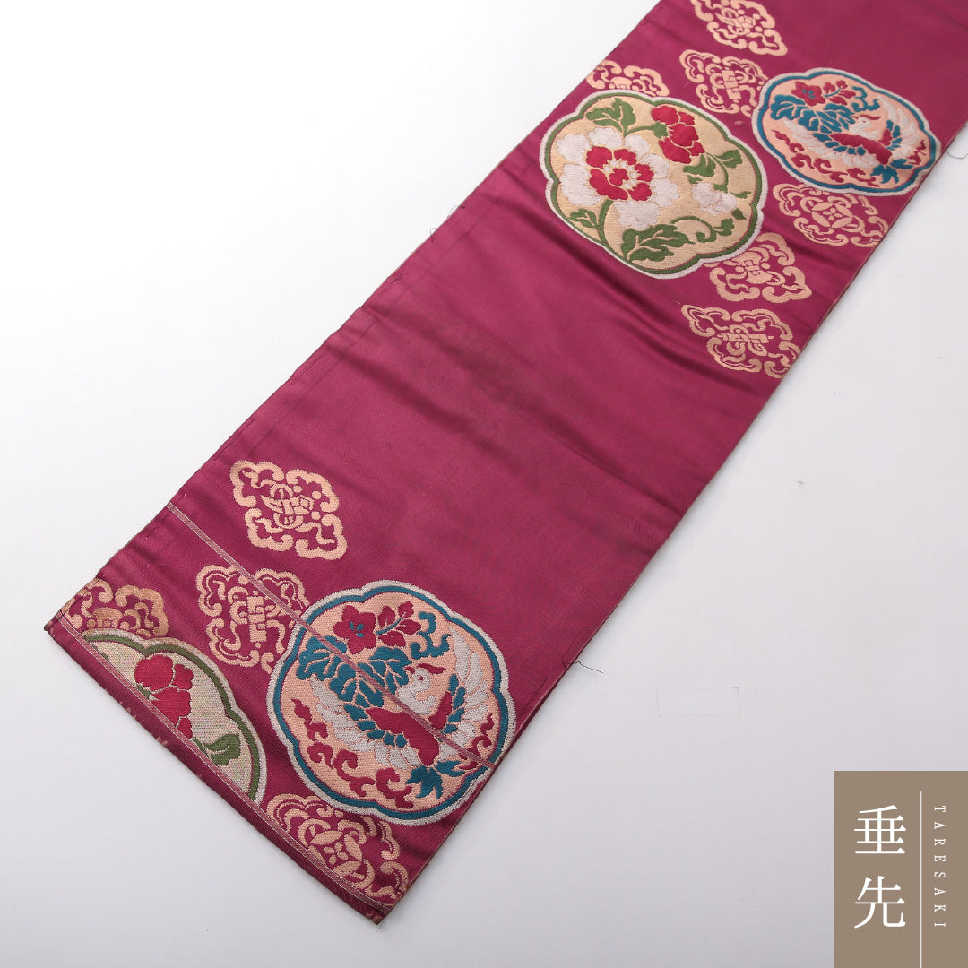 アンティーク 九寸名古屋帯 帯丈315cm 名古屋仕立て ポイント柄 Cランク 正絹 牡丹 紫系 赤系 1224-03810