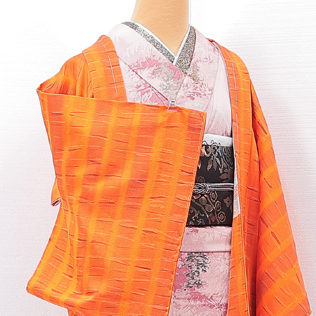 羽織 袷 身丈78cm 裄丈65cm 正絹 Sランク Mサイズ カジュアル 縞 朱系 1217-15120