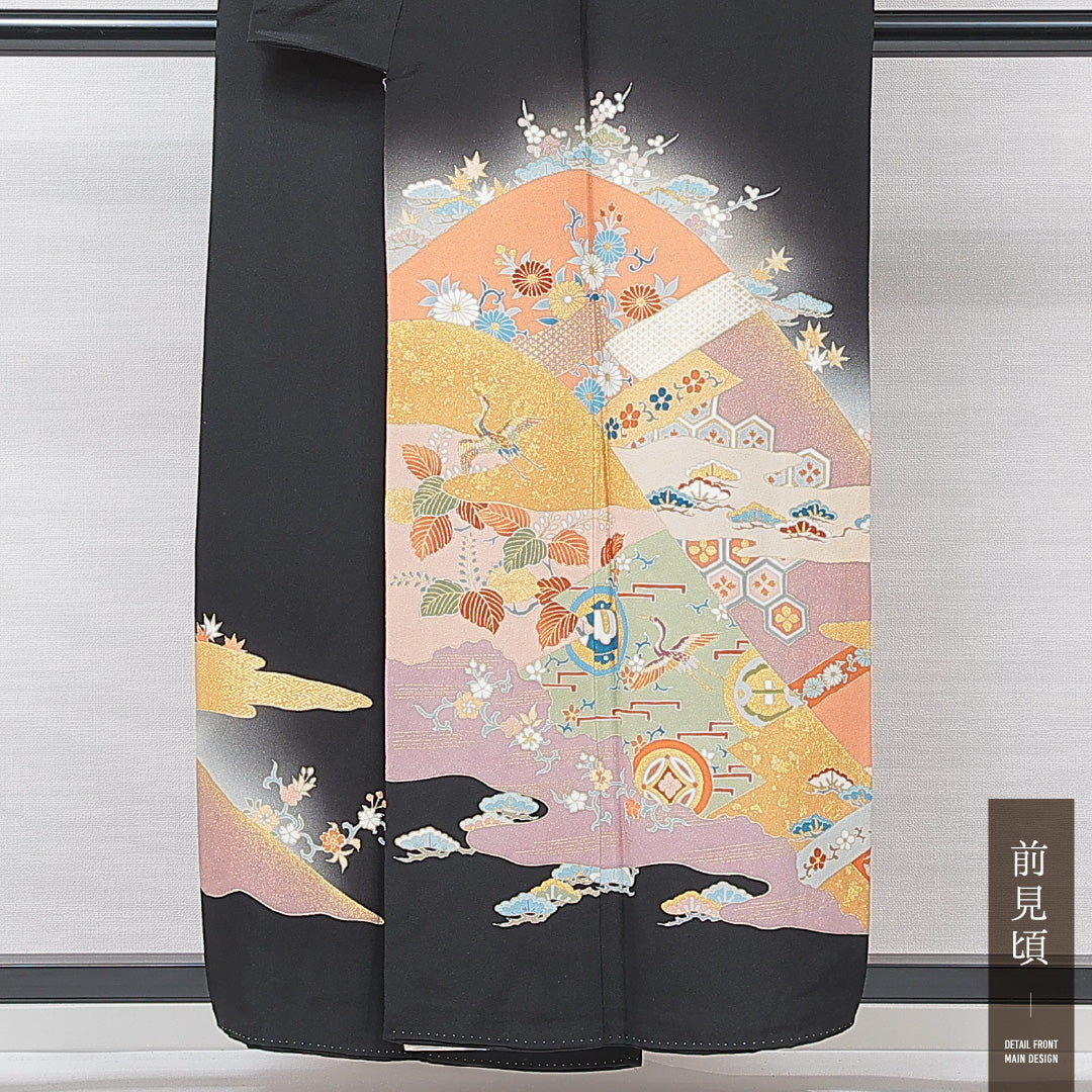 黒留袖 袷 身丈155cm 裄丈34cm 五つ紋 抱き菊の葉 フォーマル Cランク Mサイズ 正絹 比翼仕立て 広衿 菊 松 1211-F0693