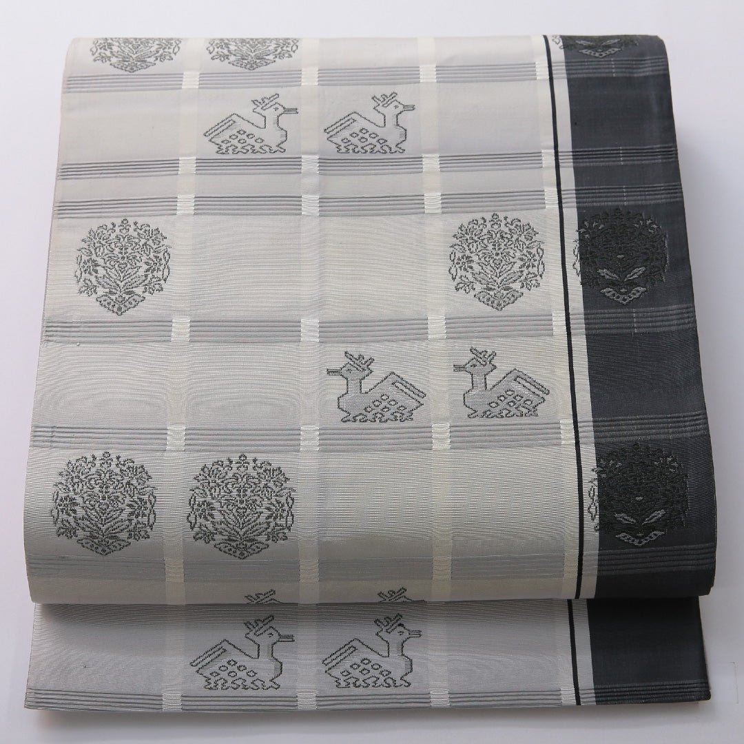 袋帯 帯丈436cm フォーマル 六通 帯芯なし Cランク 正絹 有栖川文 グレー系 1223-02066