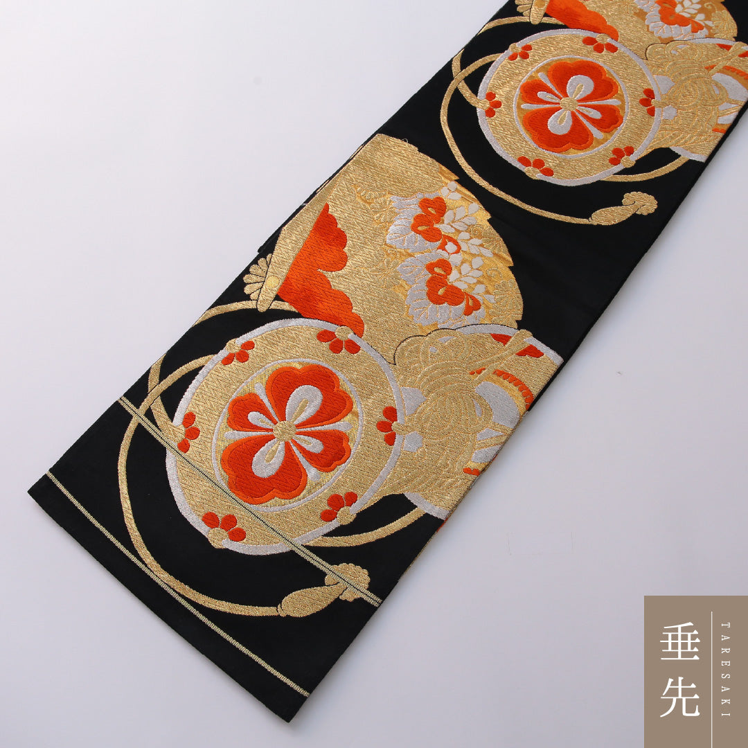 袋帯 帯丈408cm 正絹 六通 フォーマル 鼓 組紐 黒系 金系 1243-01963