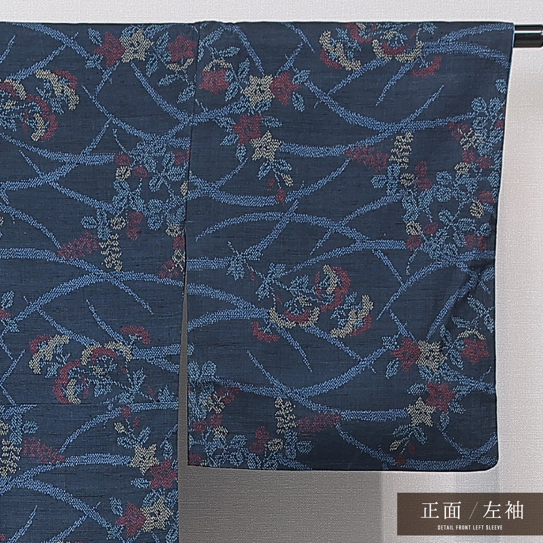 紬 袷 身丈165cm 裄丈67cm 正絹 Aランク カジュアル 広衿 XLサイズ 鉄線 素朴 可愛らしい 紺系 RP 1223-15775