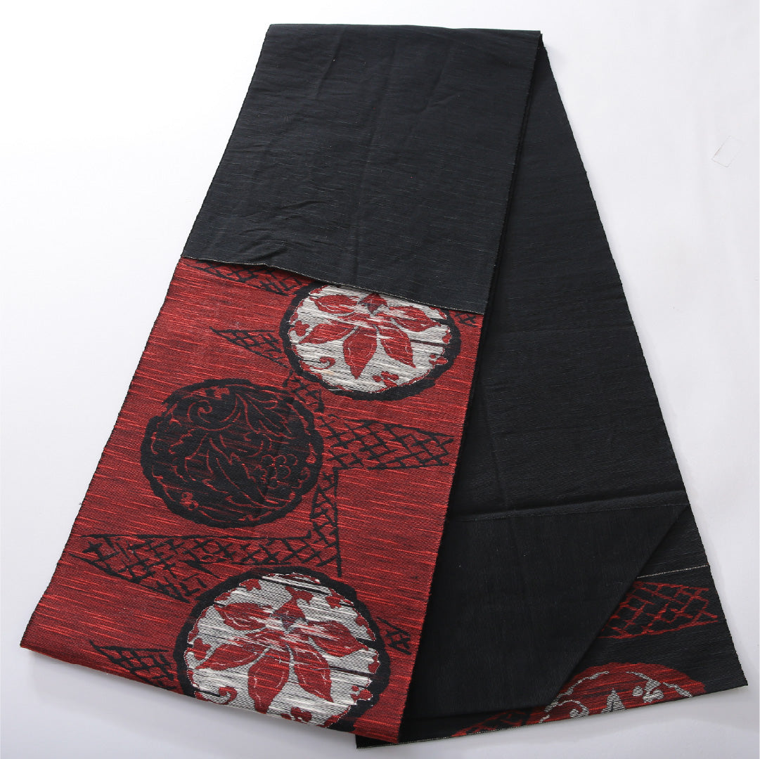 八寸名古屋帯(紬) 帯丈325cm カジュアル 松葉仕立て 六通 Aランク 正絹 創作柄 黒系 1224-03944