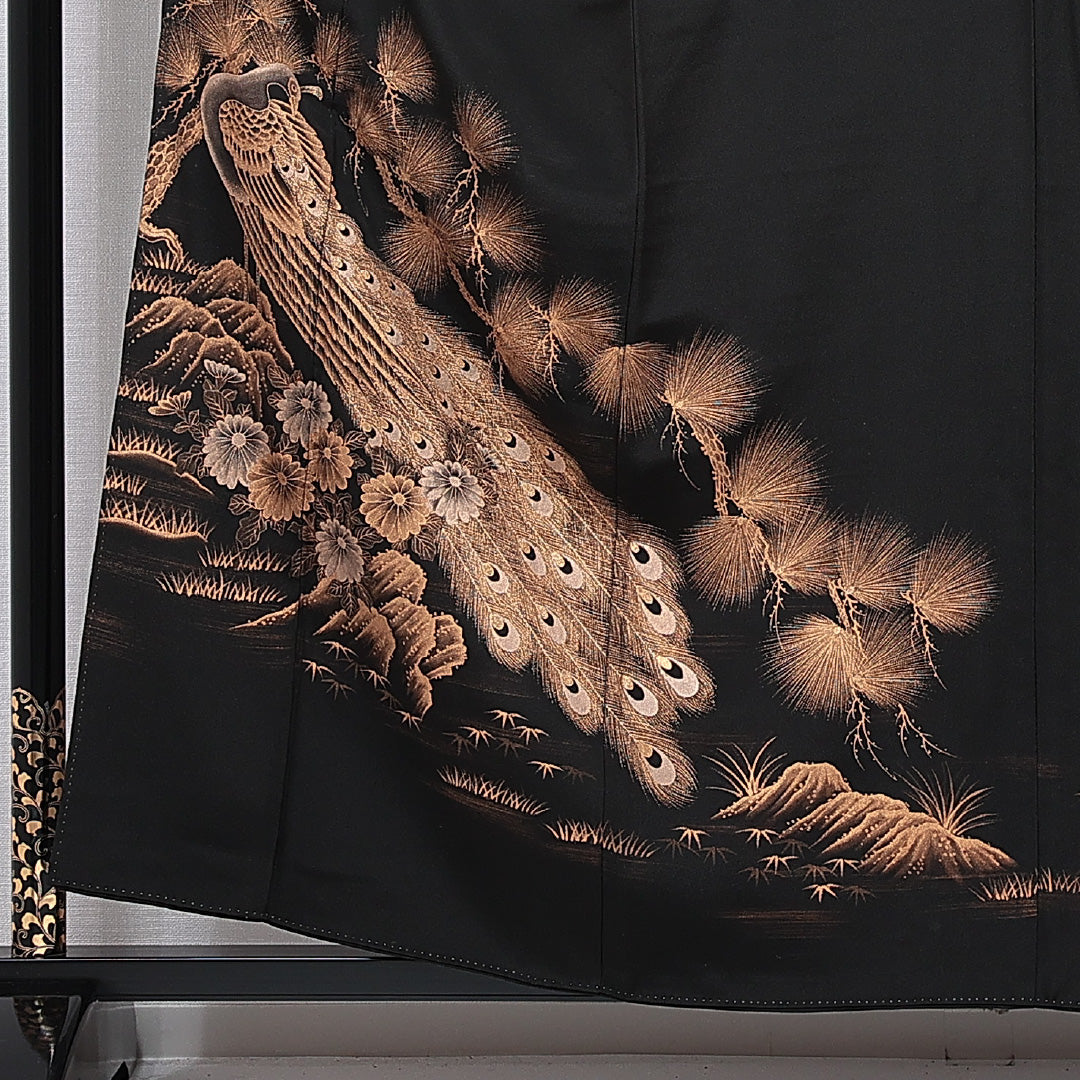 黒留袖 袷 身丈157cm 裄丈62cm 五つ紋 四ツ目菱 フォーマル Cランク Mサイズ 正絹 比翼仕立て 広衿 雉 松 1211-F0765