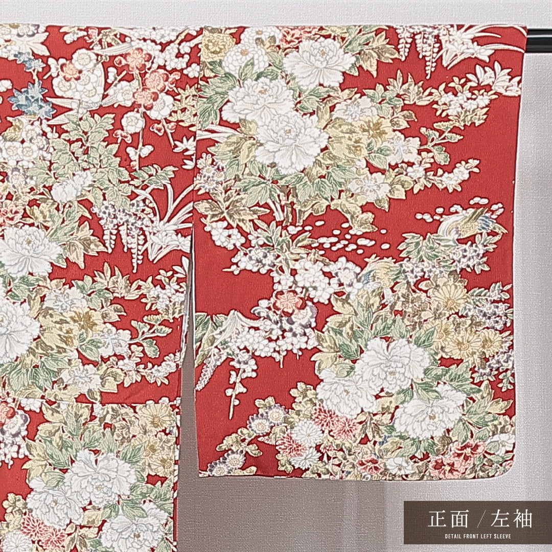 小紋 袷 身丈151cm 裄丈65cm 正絹 Sランク インフォーマル バチ衿 Sサイズ 花柄 牡丹 赤系 RP 1221-15045