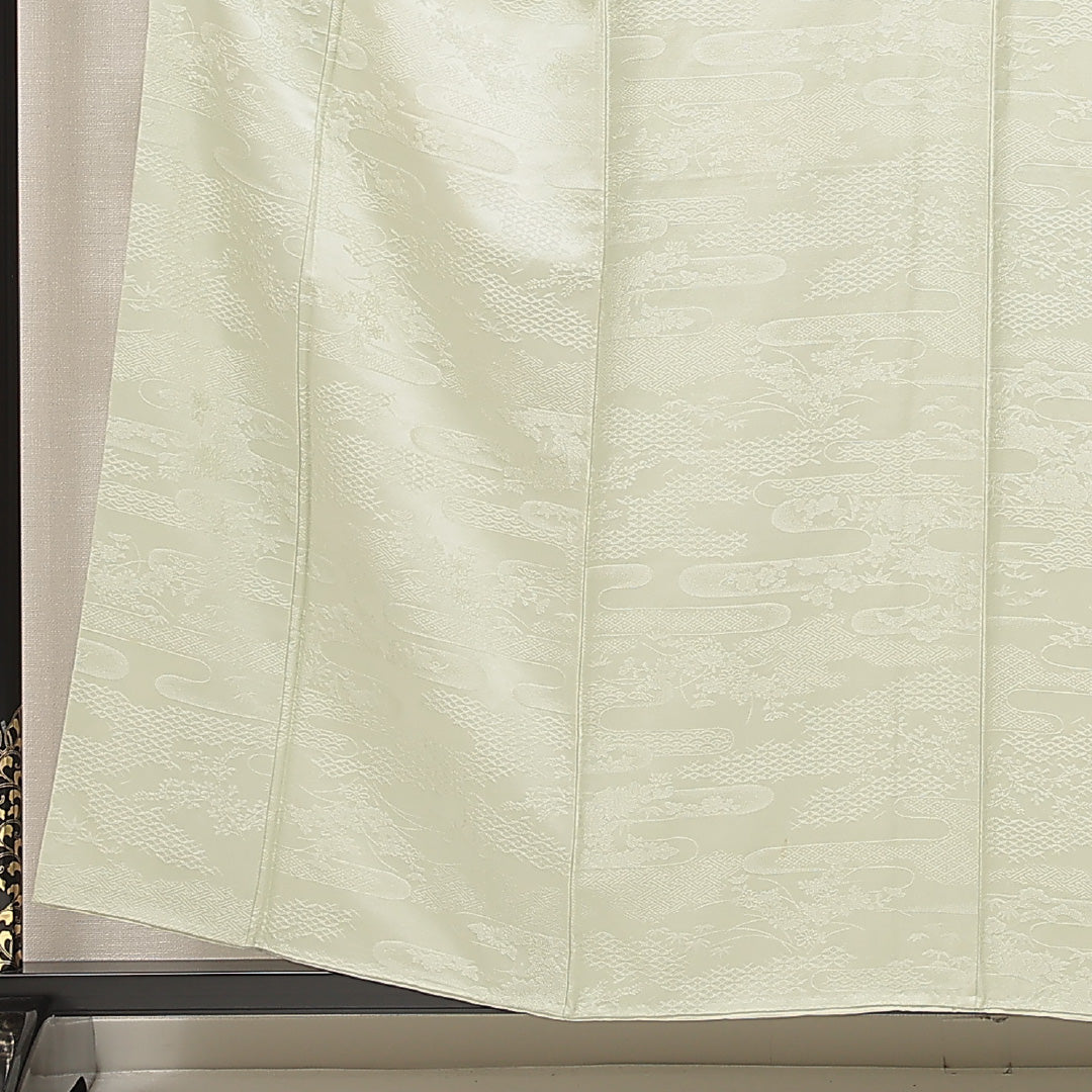 色無地 袷 身丈157cm 裄丈68cm 正絹 Cランク Mサイズ 広衿 インフォーマル 紋意匠 吉祥文様 緑系 1214-16893