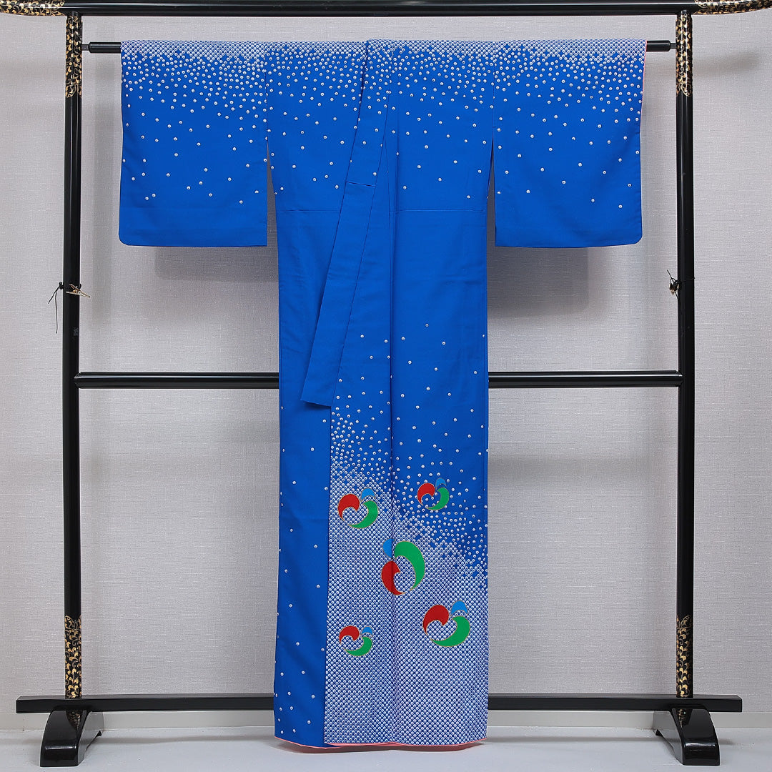 付下げ 洗える着物 胴抜き 身丈160cm 裄丈66cm ポリエステル Aランク Lサイズ バチ衿 インフォーマル 鹿の子 創作柄 青系 1261-16356