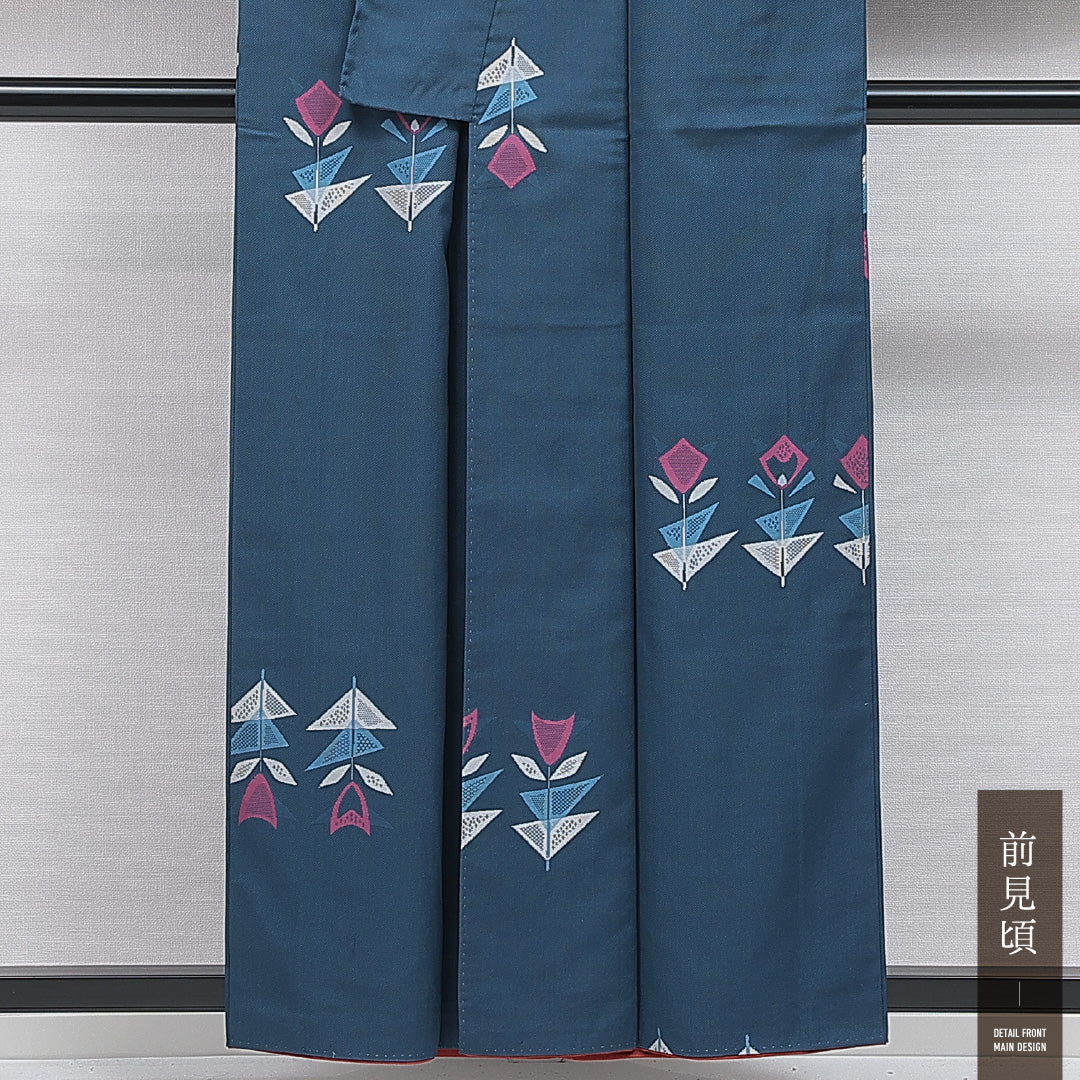 洗える着物 紬 袷 身丈157cm 裄丈62cm ポリエステル Aランク カジュアル 広衿 Mサイズ 花柄 青系 RP 1223-16404