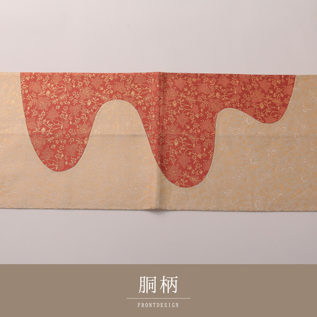 袋帯 帯丈448cm セミフォーマル ポイント柄 未仕立て 帯芯なし Aランク 正絹 唐草 クリーム系 朱系 1223-01888