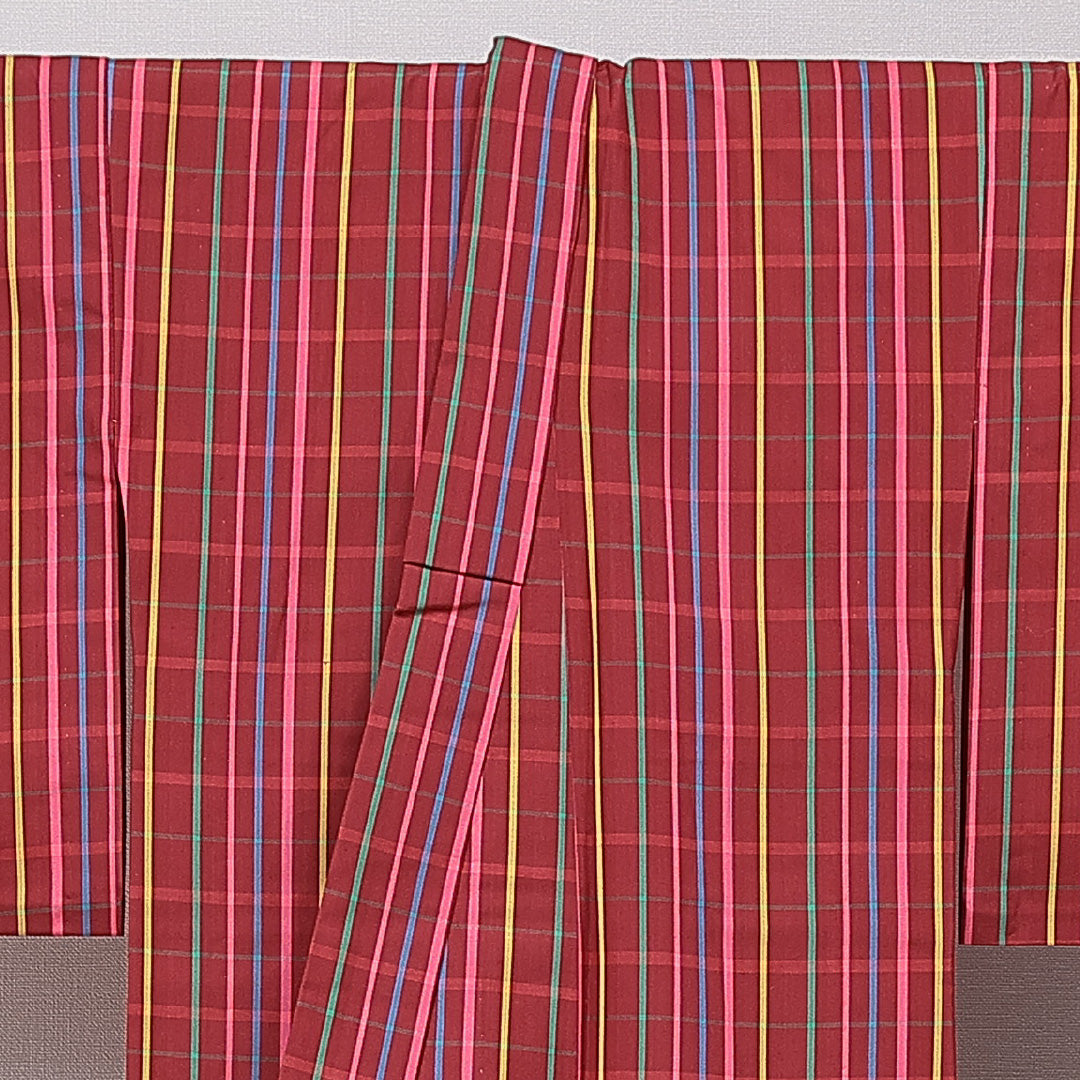 紬 アンサンブル 単衣 身丈153cm 裄丈63cm 正絹 Sランク Sサイズ バチ衿 カジュアル 肩当て 紐あり 縞 赤系 1216-15661