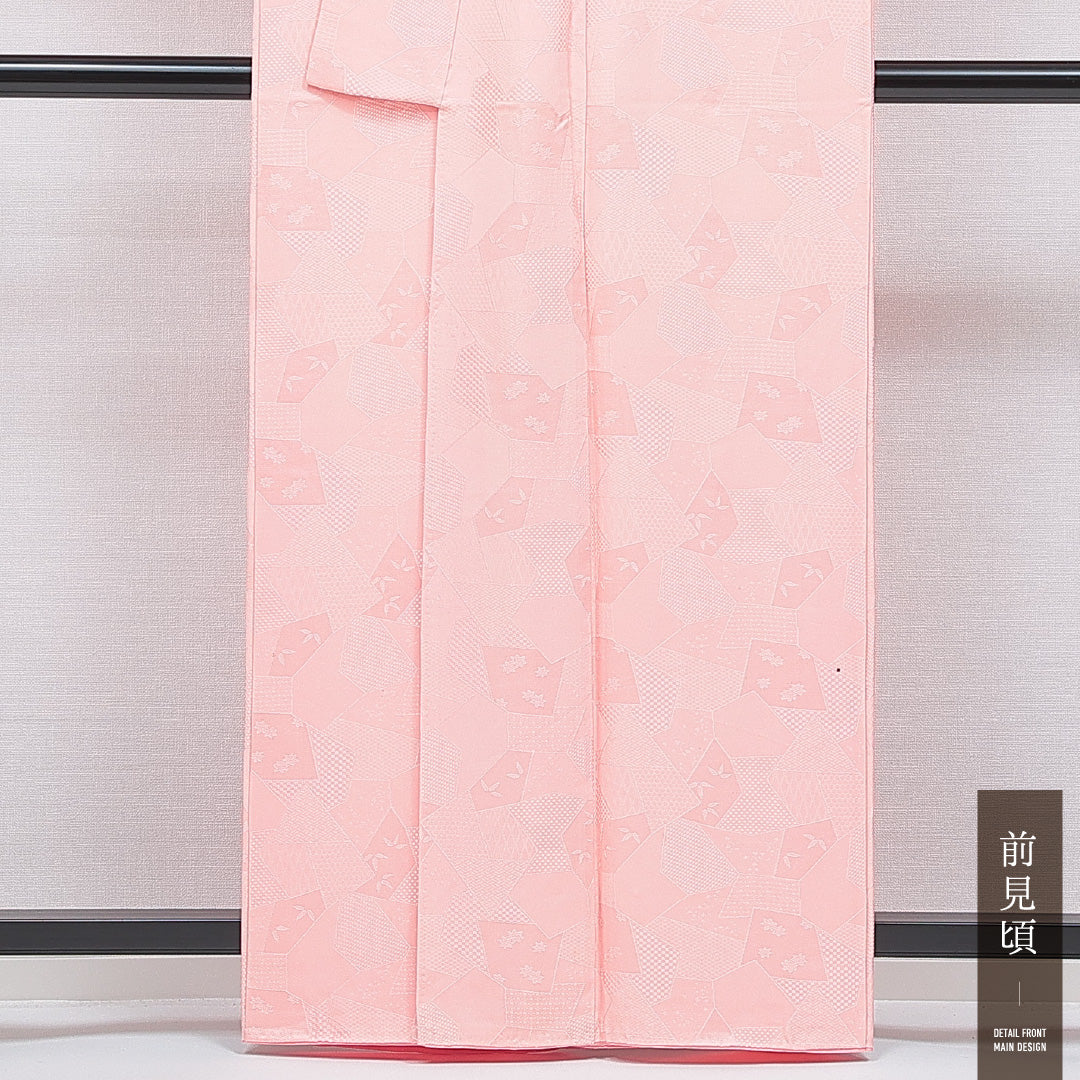 色無地 袷 身丈162cm 裄丈66cm 正絹 Cランク 紋意匠 (笹や紅葉) インフォーマル 広衿 Lサイズ ピンク系 LP 1219-16732