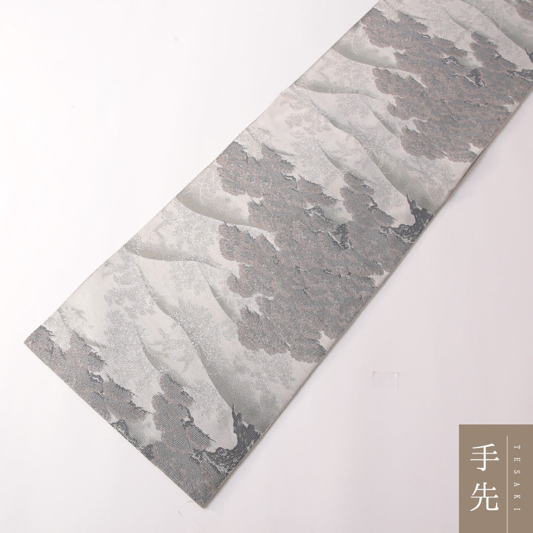 袋帯 帯丈430cm 正絹 全通 セミフォーマル 老松 遠山 グレー系 1243-01748