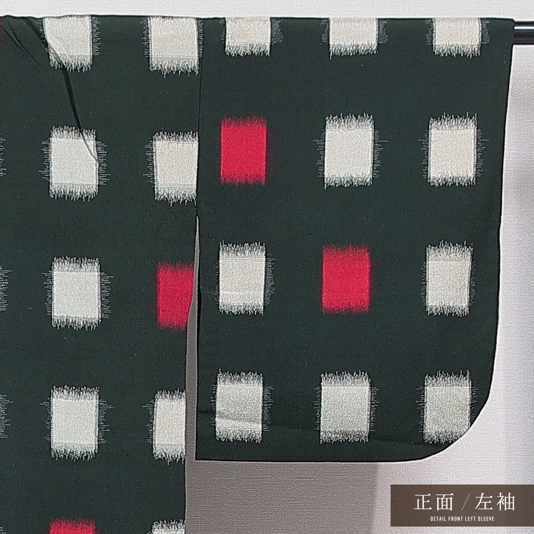 アンティーク お召 単衣 身丈149cm 裄丈61cm 正絹 Cランク XSサイズ バチ衿 肩当て 抽象柄 緑系 1265-15562