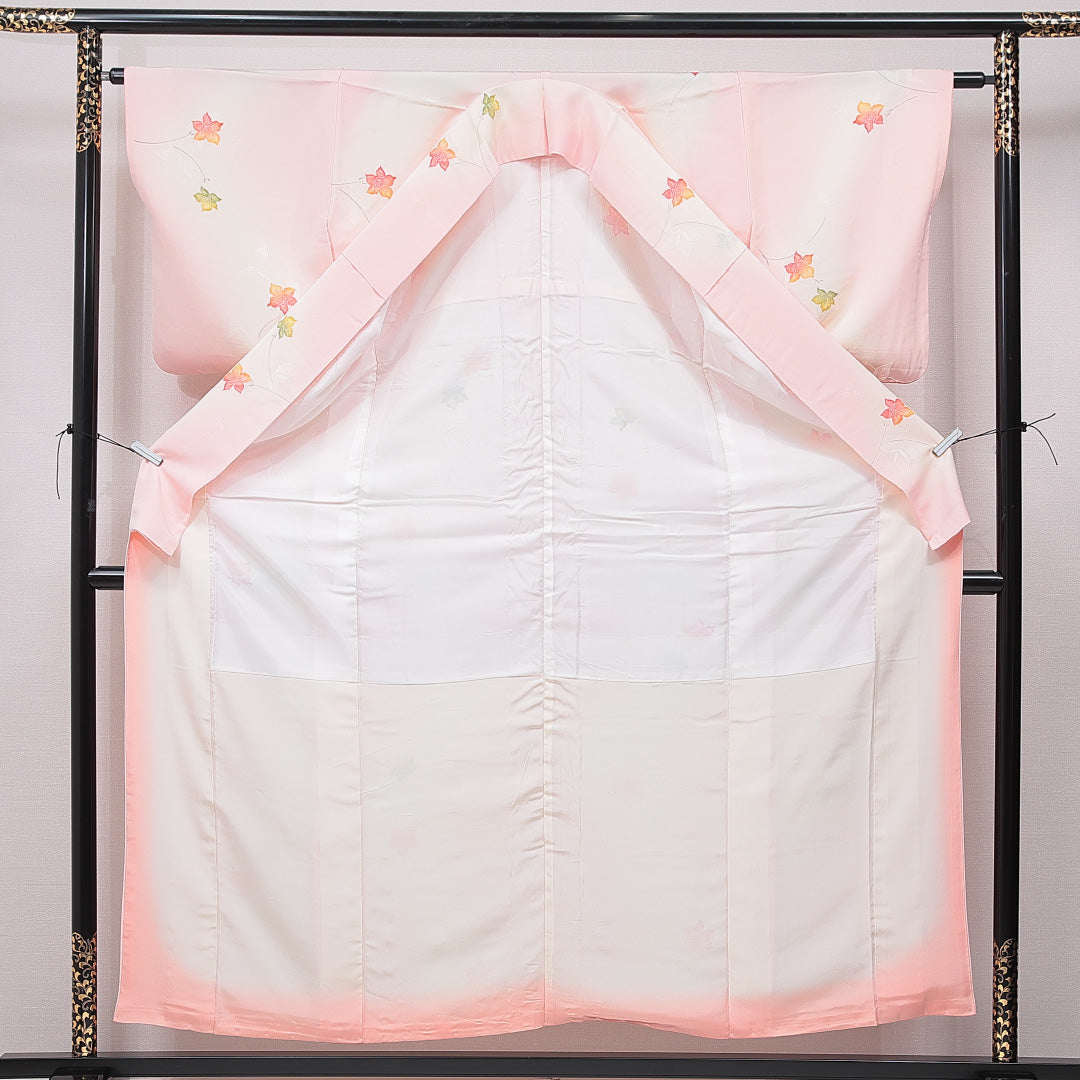小紋 袷 身丈156cm 裄丈62cm 正絹 Cランク インフォーマル 広衿 Mサイズ 紅葉 ピンク系 HP 1221-15730