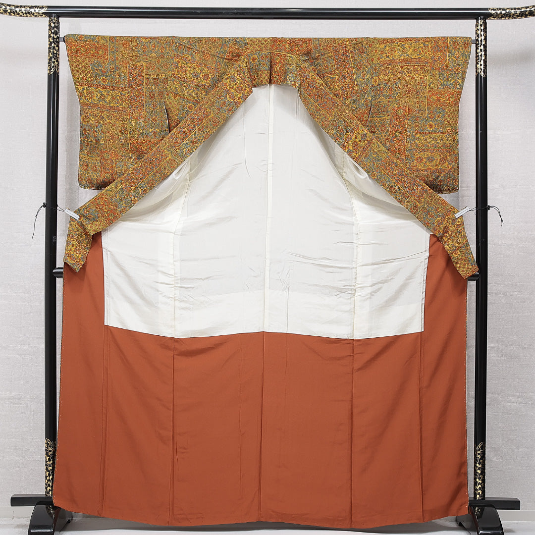 小紋 袷 身丈168cm 裄丈66cm 正絹 Sランク XLサイズ 広衿 インフォーマル 植物柄 多色系 黄系 1215-15657