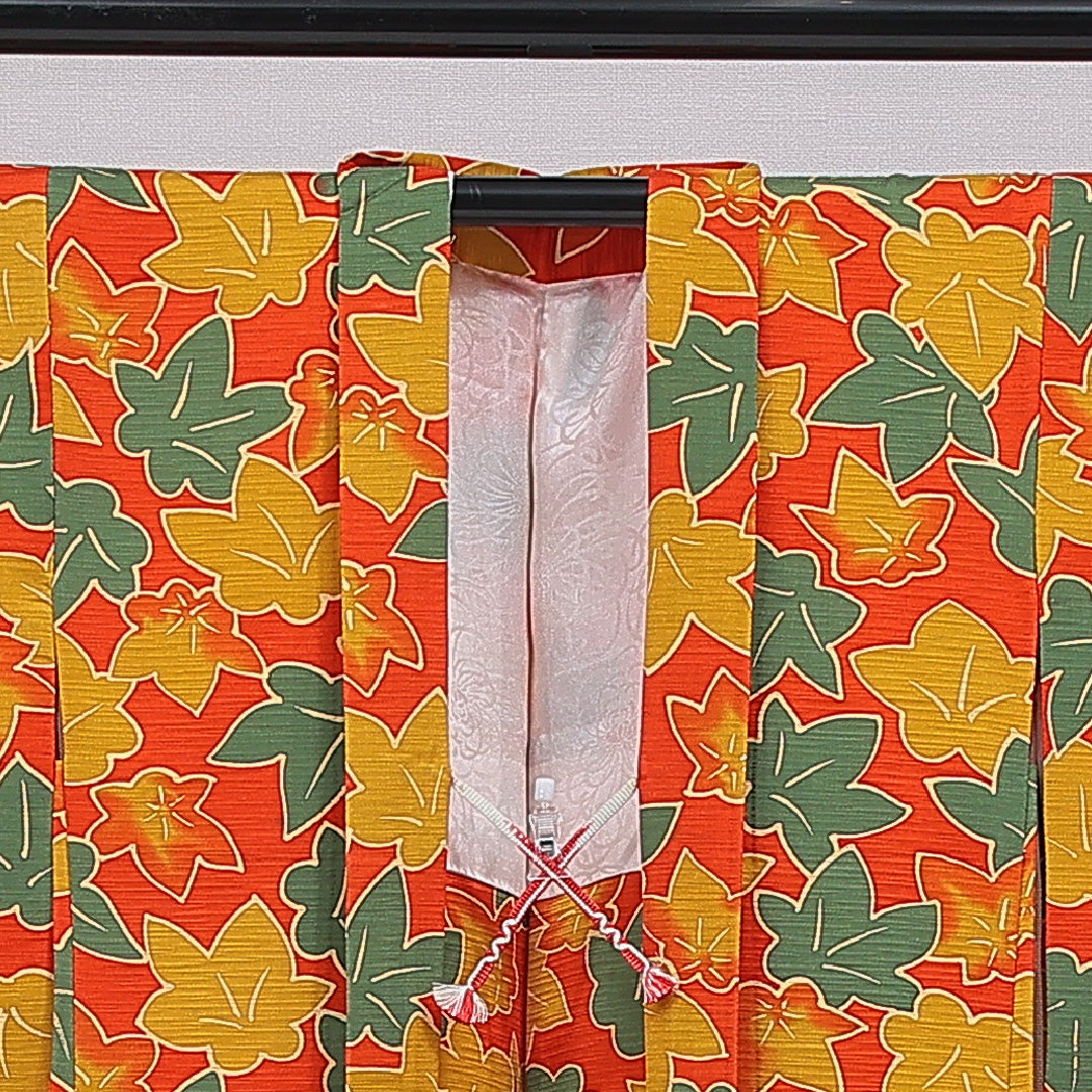 羽織 袷 身丈75cm 裄丈62cm 正絹 Sランク カジュアル Sサイズ 紐あり 紅葉 楓 朱系 RP 1232-16841