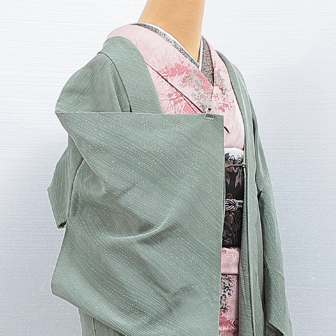 羽織 単衣 身丈78cm 裄丈62cm 正絹 Sランク カジュアル Sサイズ 紐あり 創作柄 緑系 M4 1232-16125