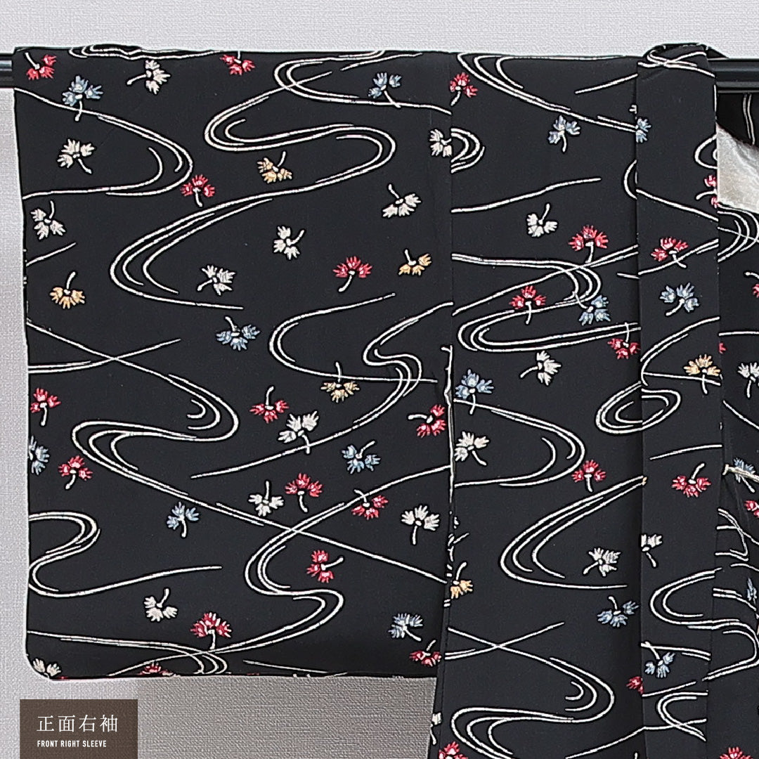 羽織 袷 身丈80cm 裄丈61cm 正絹 Cランク カジュアル Sサイズ 紐あり 流水 花柄 黒系 HP 1232-16170