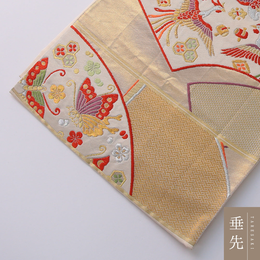 袋帯 帯丈428cm 正絹 六通 フォーマル 扇面文 鳳凰 金系 1243-01935