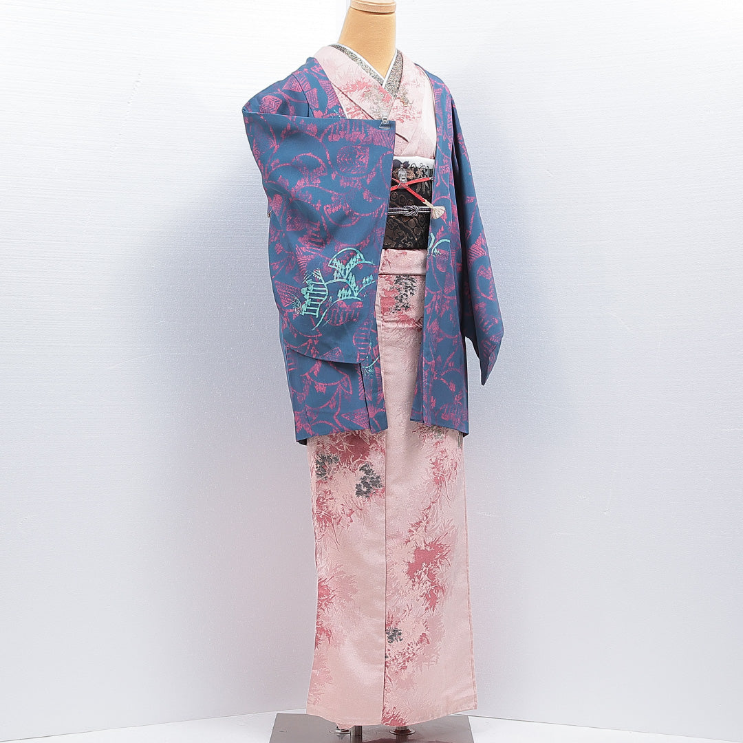 羽織 袷 身丈79cm 裄丈62cm 正絹 Aランク カジュアル Sサイズ 紐あり 創作柄 青系 RP 1232-16183