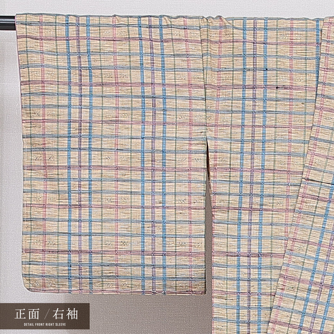 紬 袷 身丈159cm 裄丈66cm 正絹 Aランク カジュアル 広衿 Mサイズ 格子 多色系 RP 1223-16649