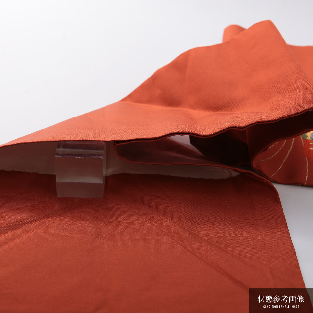 アンティーク 九寸名古屋帯 帯丈366cm カジュアル 名古屋仕立て ポイント柄 Dランク 正絹 蝶 朱系 金系 1224-03521