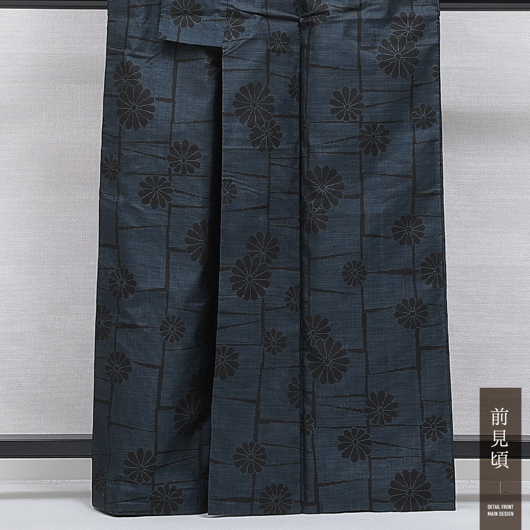 紬 袷 身丈161cm 裄丈65cm 正絹 Aランク カジュアル 広衿 Lサイズ 菊 紺系 RP 1223-15964