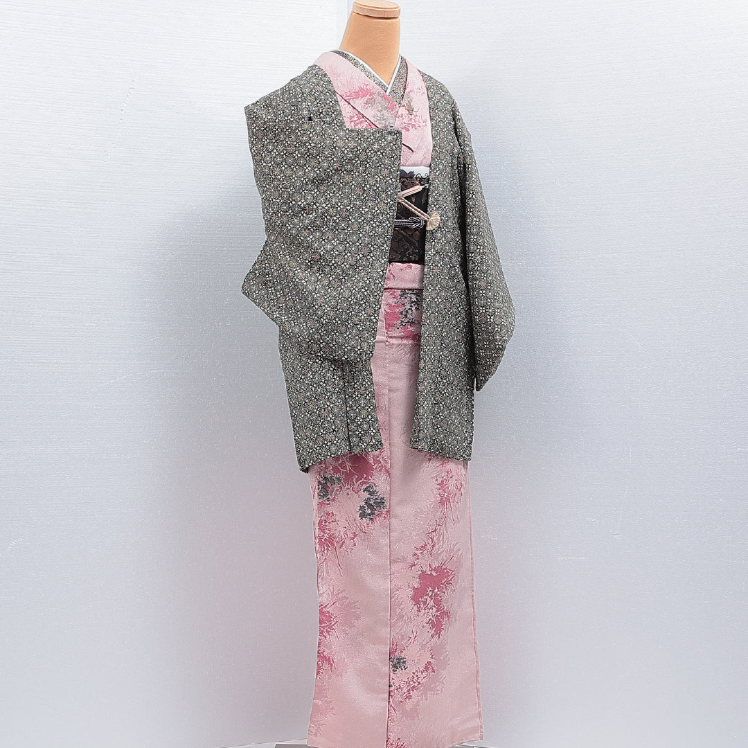 羽織 袷 身丈82cm 裄丈63cm 正絹 Aランク カジュアル Sサイズ 紐あり 創作柄 緑系 RP 1232-16195