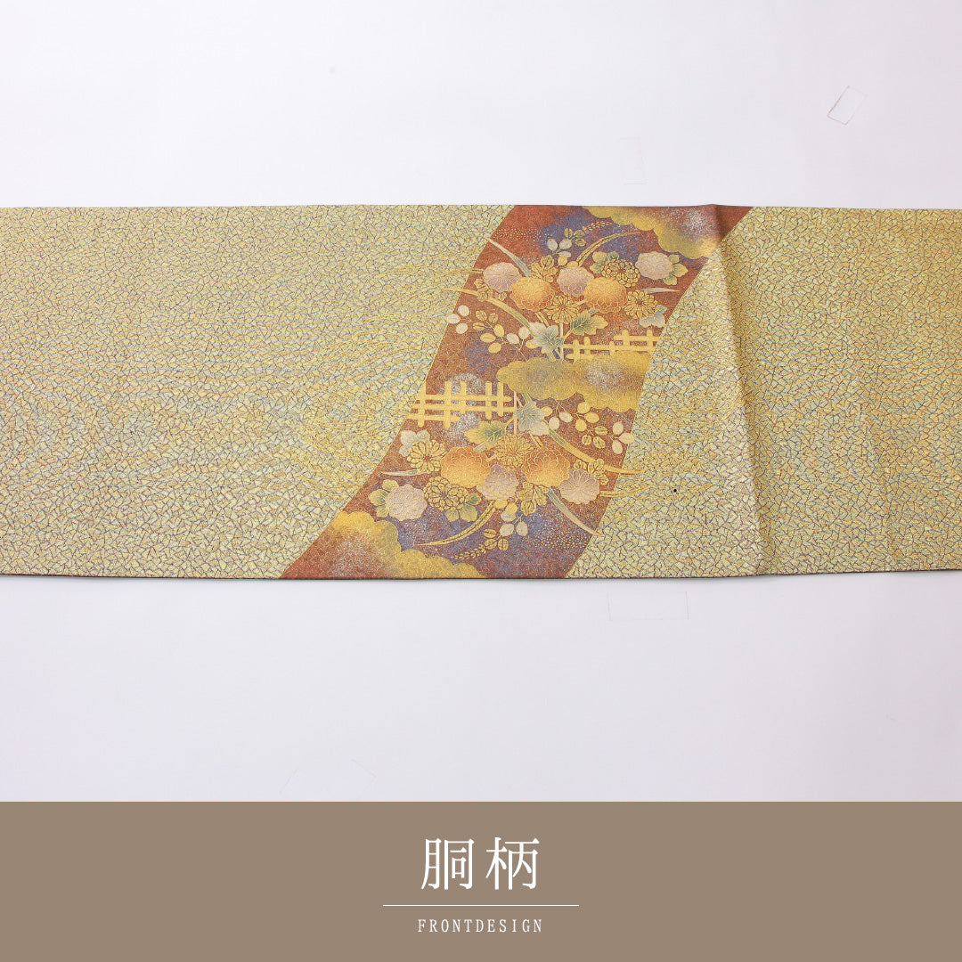 袋帯 帯丈454cm 正絹 ポイント柄 フォーマル 四季山野 金系 1243-02221