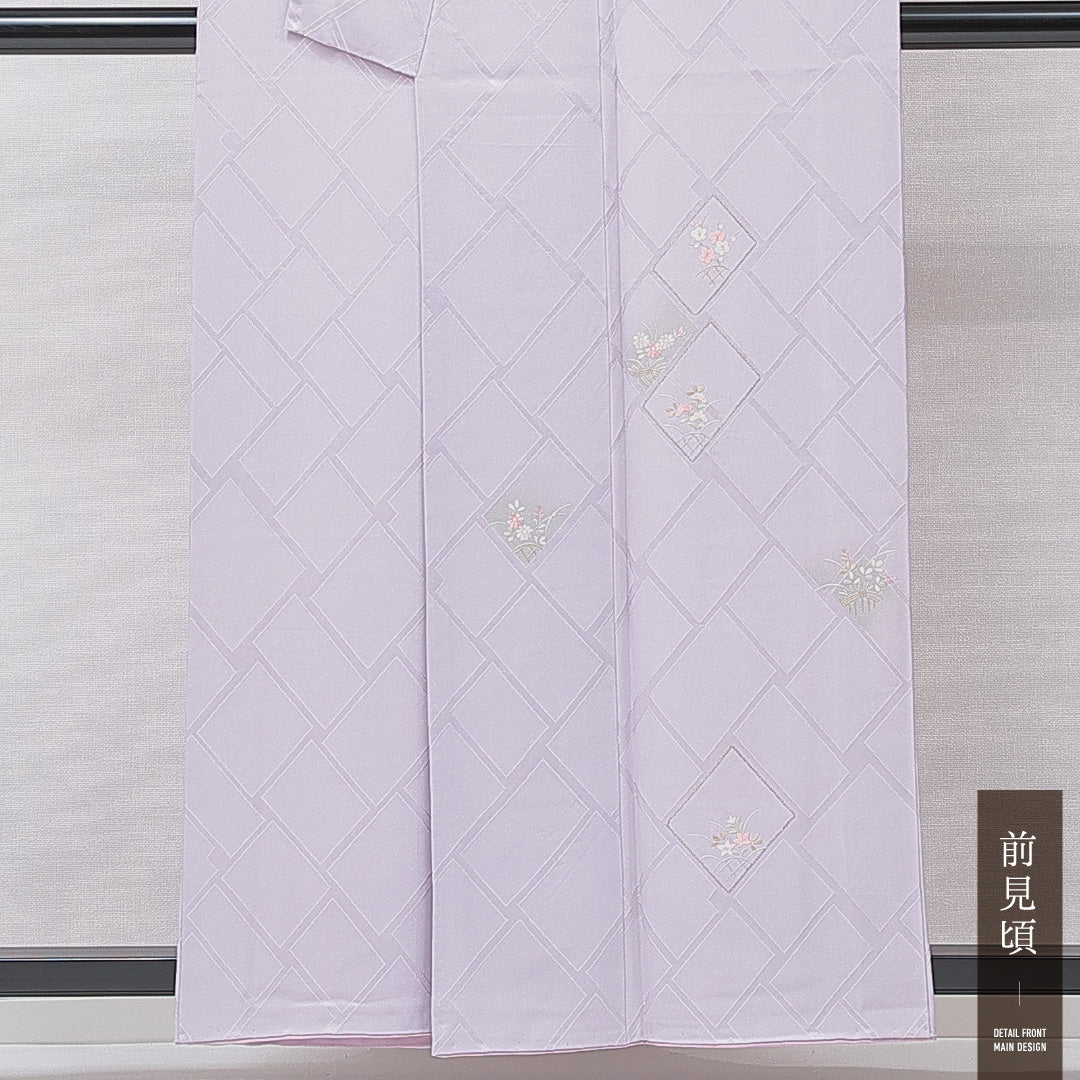 付下げ 袷 身丈156cm 裄丈65cm 正絹 Cランク 一つ紋 (桔梗) セミフォーマル 広衿 Mサイズ 刺繍 金駒刺繍 竜胆 笠松 紫系 HP 1218-15191