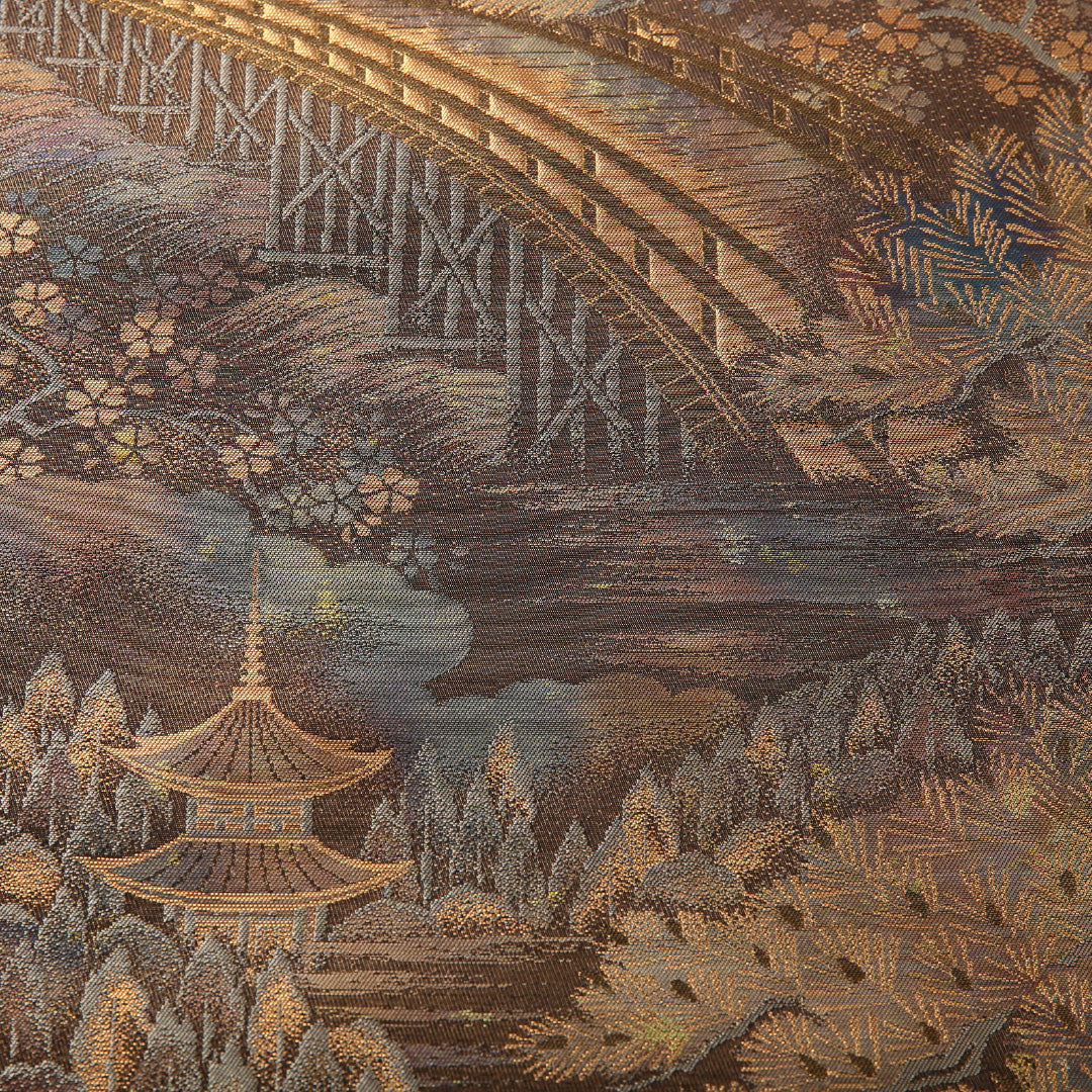 袋帯 帯丈418cm 正絹 六通 セミフォーマル 嵐山 京洛百景 渡月橋 黒系 金系 1243-02108