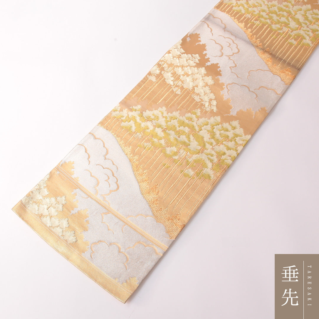 袋帯 帯丈424cm 正絹 六通 セミフォーマル 木立 金系 1243-01828