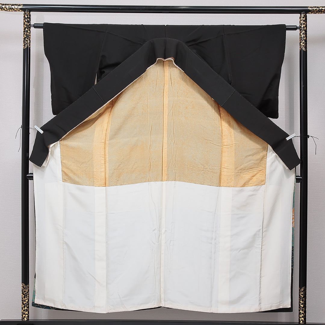 黒留袖 袷 身丈156cm 裄丈62cm 五つ紋 四ツ目菱 フォーマル Cランク Mサイズ 正絹 広衿 鳳凰 扇 刺繍 1211-F0741