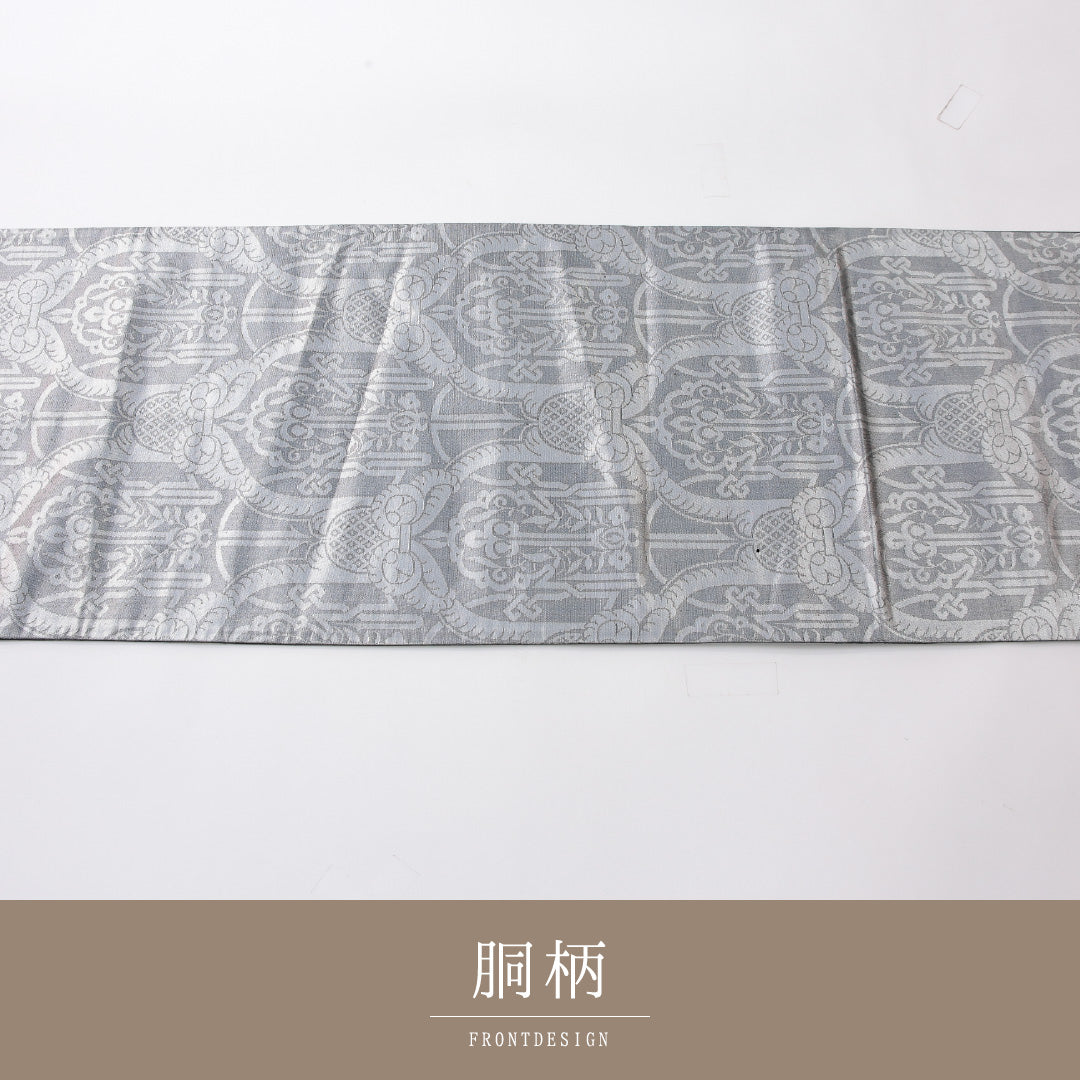 袋帯 帯丈414cm セミフォーマル 六通 帯芯なし Aランク 正絹 ペルシャ文様 銀系 1223-02230